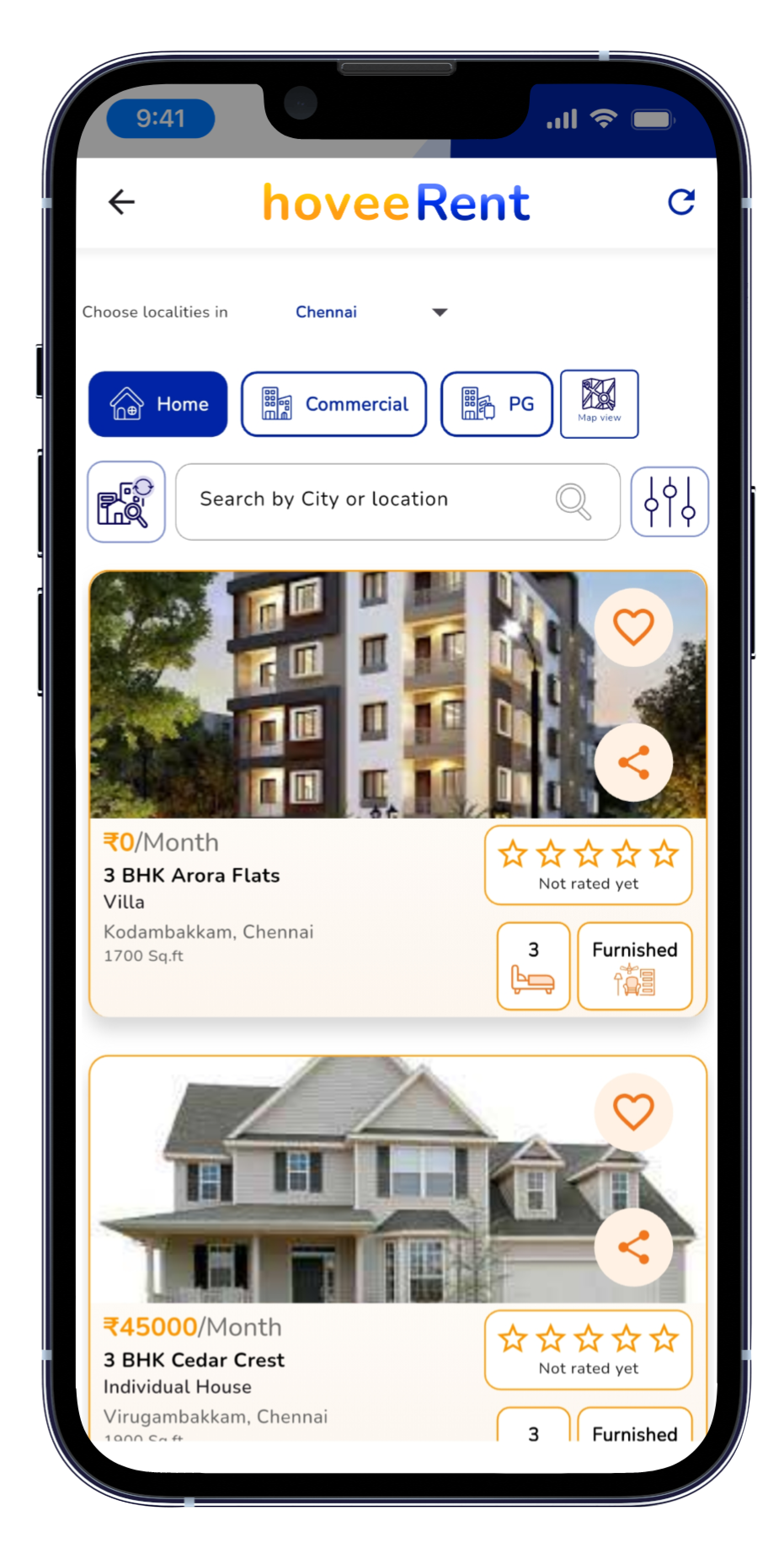 hovee Rent App - Listings Screen